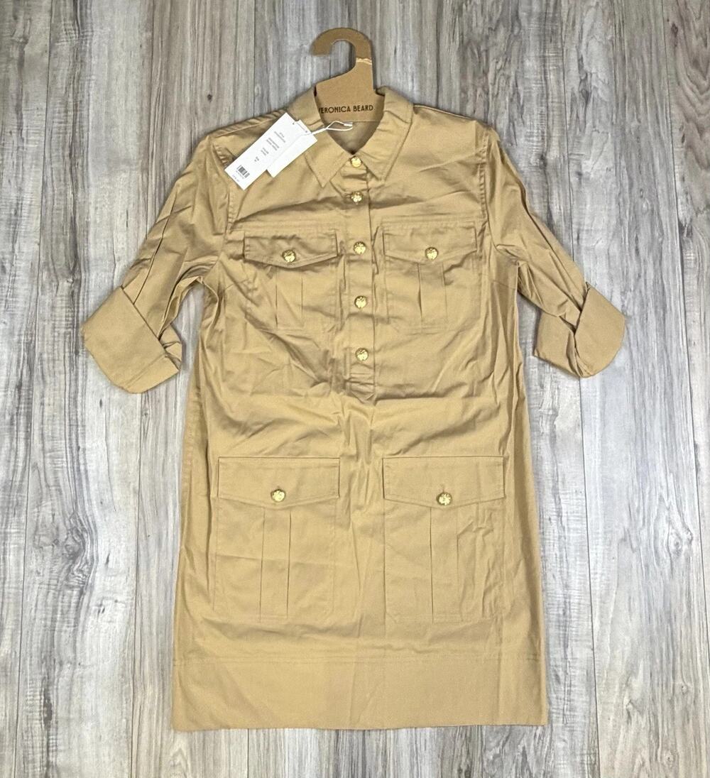 Veronica Beard Saude Dress Khaki Utility Belted Shirt Dress Womens 10 NEW